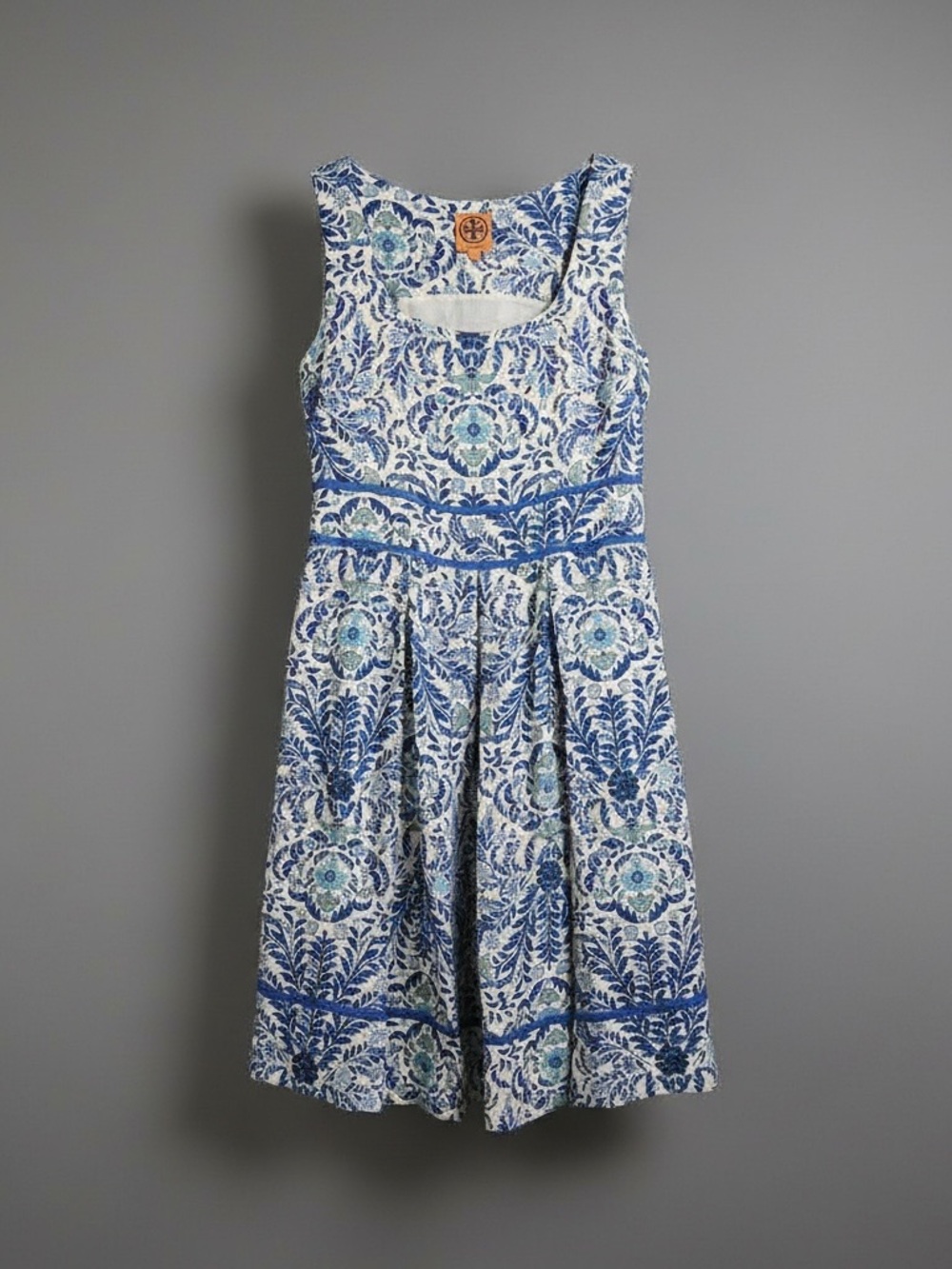 Tory Burch Linen Silk Floral Fit & Flare Dress Blue White Size 6